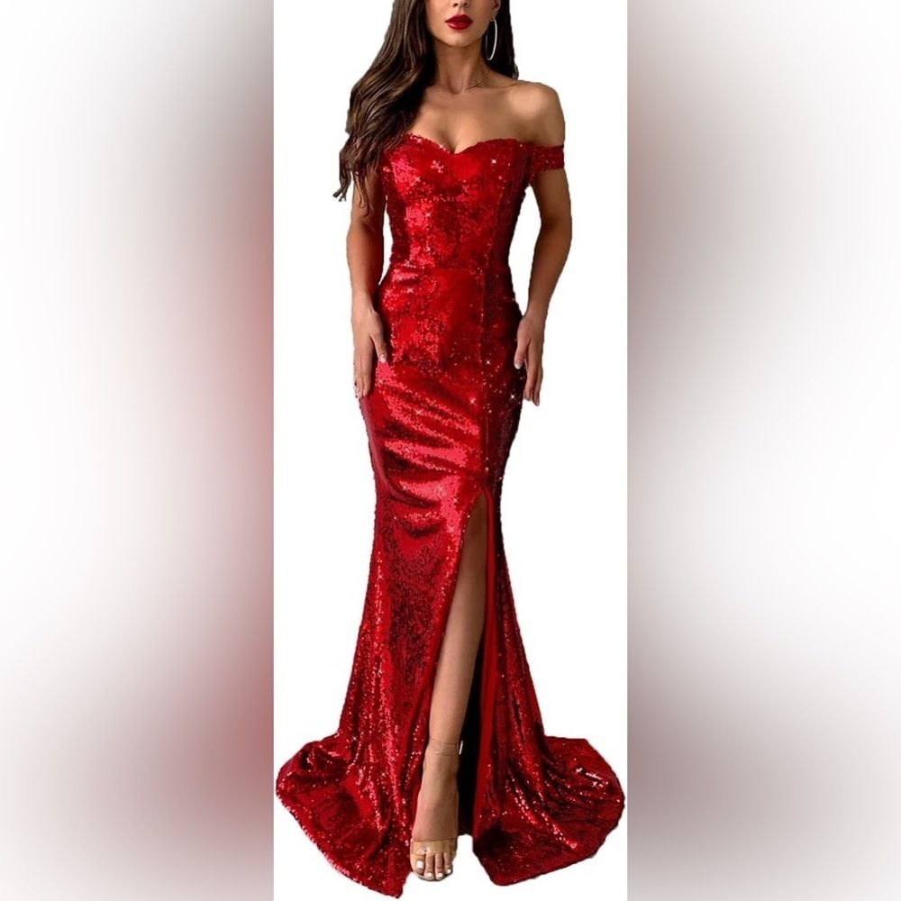 NWT Off the Shoulder Red Sequined Mermaid Gown